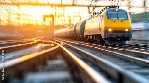 A bright sunset illuminates a speeding train on its tracks, showcasing motion and energy.