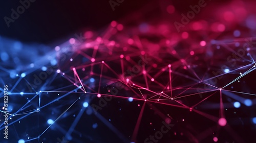Network Of Connected Nodes And Lines Forms A Complex Structure, With Blue And Red Illumination Creating A Gradient Effect. Data visualization, technological connection, wallpaper background