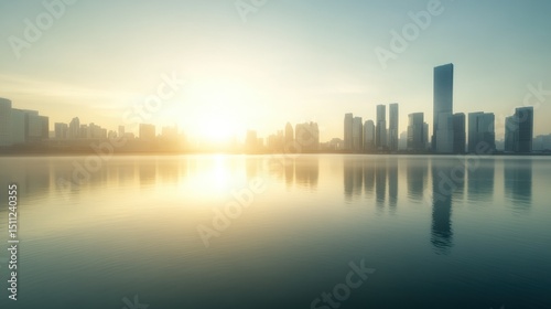 A serene city skyline at sunrise reflecting in calm waters, showcasing modern architecture.
