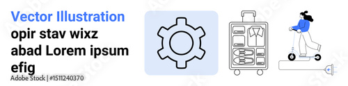 Gear icon for productivity, packed suitcase for travel, and woman riding electric scooter for eco-mobility. Ideal for travel apps, productivity, transportation, eco-lifestyle, technology, urban