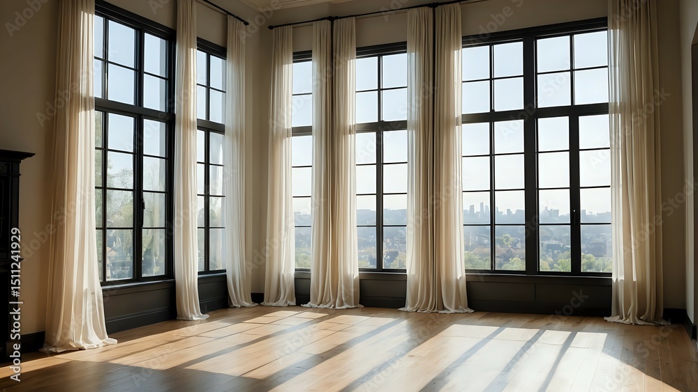 Obraz premium Elegant sheer drapery hanging dramatically in front of tall loft windows, sunlight filtering through in a dreamy ambiance