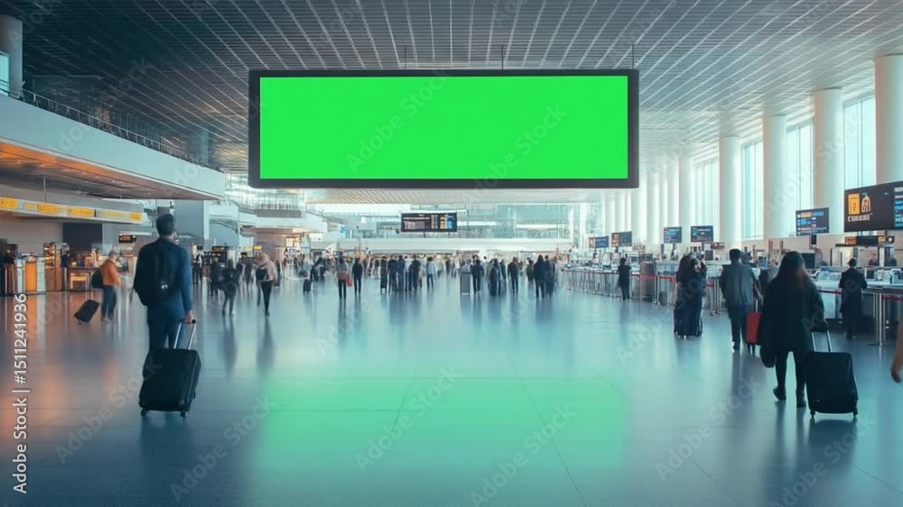 Bustling airport concourse with suspended green screen
