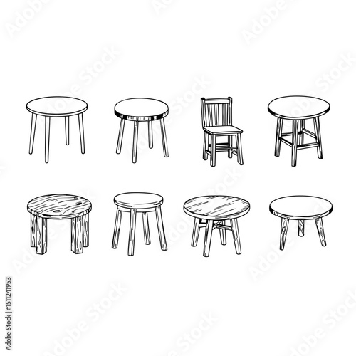 Hand Drawn Furniture Vector with Rustic Chairs Tables Round Stool and Decorative Vase