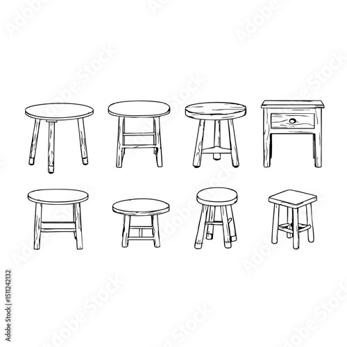 Black and White Doodle Set of Rustic Wooden Furniture for Farmhouse or Vintage Decor