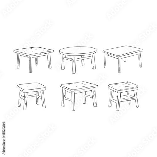 Vintage Rustic Chair and Table Sketch Set with Decorative Accessories and Natural Texture