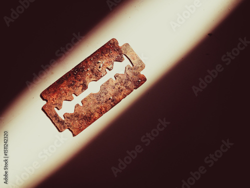 Close-up image of a rusty, old and unused razor blade