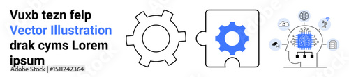 Gear, puzzle piece, and head with neural connections illustrate innovation, teamwork, problem-solving, technology, creativity, artificial intelligence and efficiency. Ideal for business tech