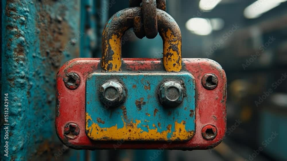 Close up of a rusty padlock in various colors on a metal surface in a workshop environment