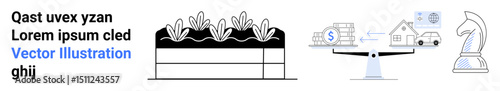 Rows of crops in soil, financial scales with money and property, and a chess knight symbolizing strategy. Ideal for sustainability, finance, decision-making, farming, planning, balance simple