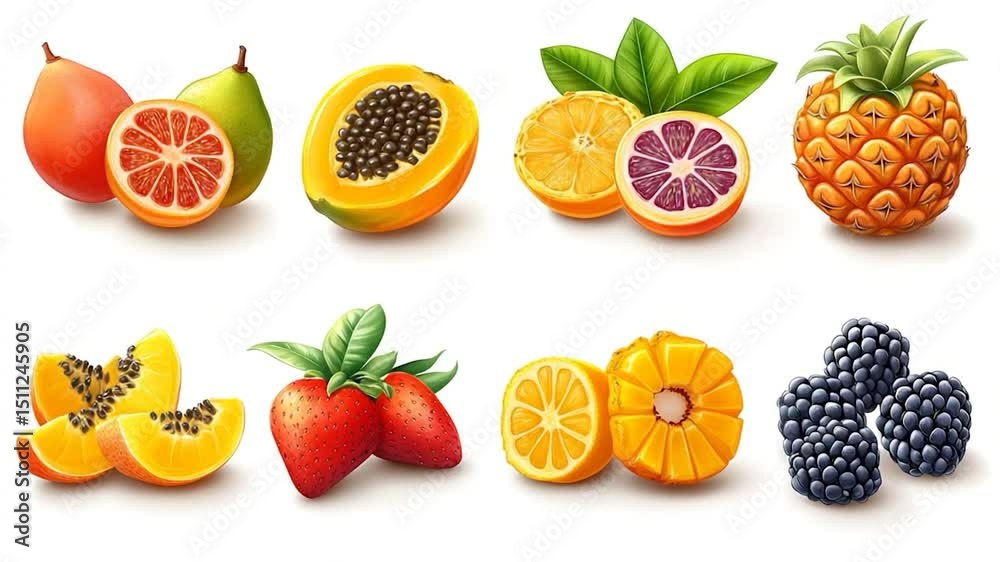Assortment of vibrant fresh fruits, including papaya, pineapple, and blackberries. Cut sections display textures and colors, arranged on a white background.