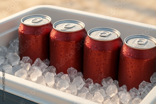 Four red soda cans sitting in a white cooler filled with ice cubes on a bright sunny day