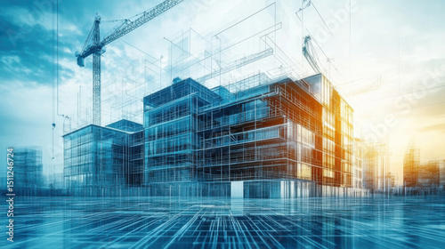 Construction of a Modern Office Building in Downtown City, Overlay of a future construction project with blueprints and diagrams.