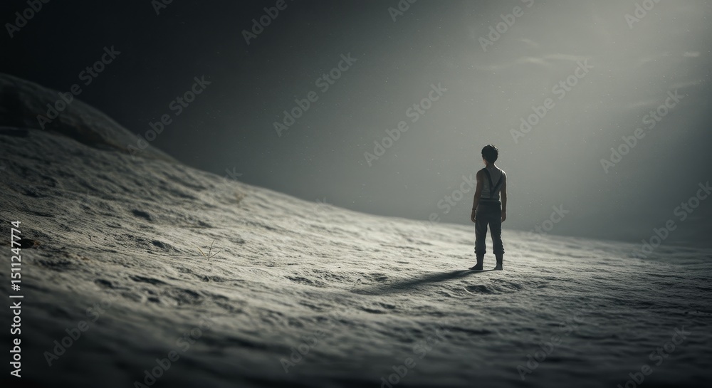 Obraz premium Illustration Astronaut Standing on Moon Surface Under Starry Night