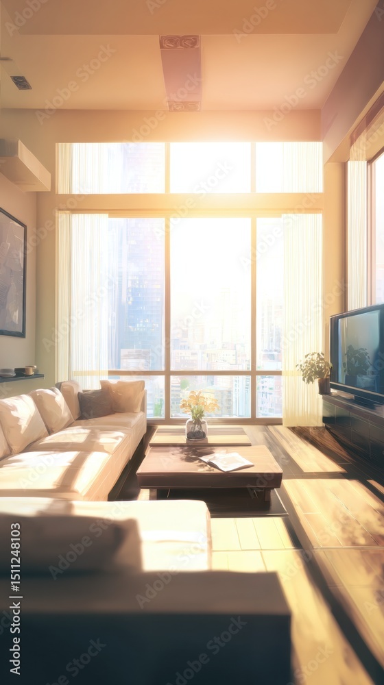 Fototapeta premium Modern Living Room with Large Windows and City View