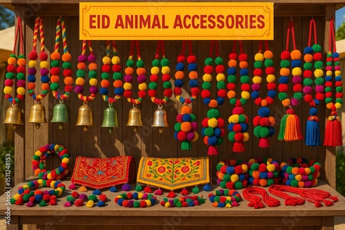 Display of eid animal accessories with colorful pom poms, bells, and embroidered cloths