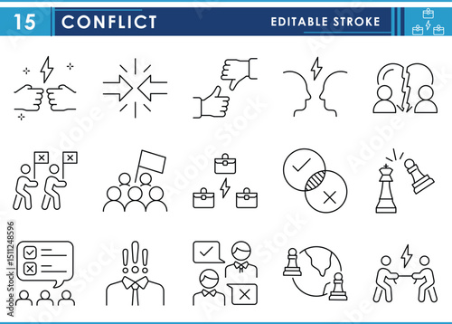 A set of line icons related to Conflict. War, dispute, tension, challenge, protest, breakup, and so on. Vector editable stroke.