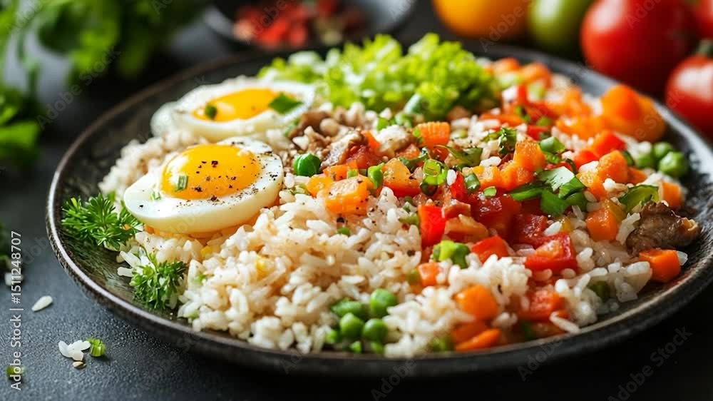 Close-up of a vibrant and colorful rice bowl filled with cooked rice two halves of soft boiled eggs peas chopped tomatoes carrots and herbs against a dark background.