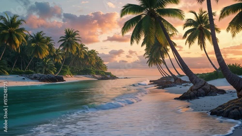 Tropical Dawn: A Stunning Coastal Visualization of Coconut Trees and Shoreline in Infinite 4K Loop