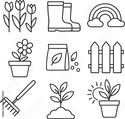 A minimalistic line art vector icon set featuring gardening tools and elements.