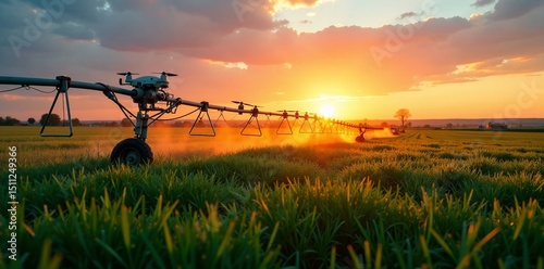 Pivot irrigation system under drone surveillance with sunset sky behind , farmland, crop growth, water management