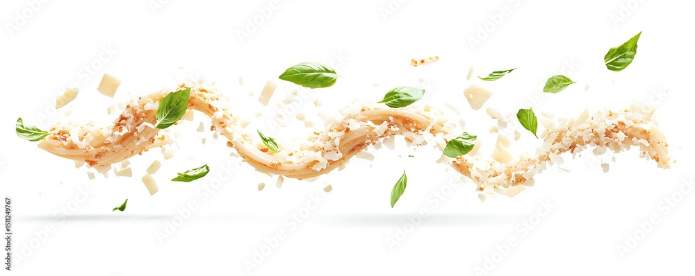 Fototapeta premium Swirling Pasta Dish with Cheese and Basil Sprigs in Motion Against White Background