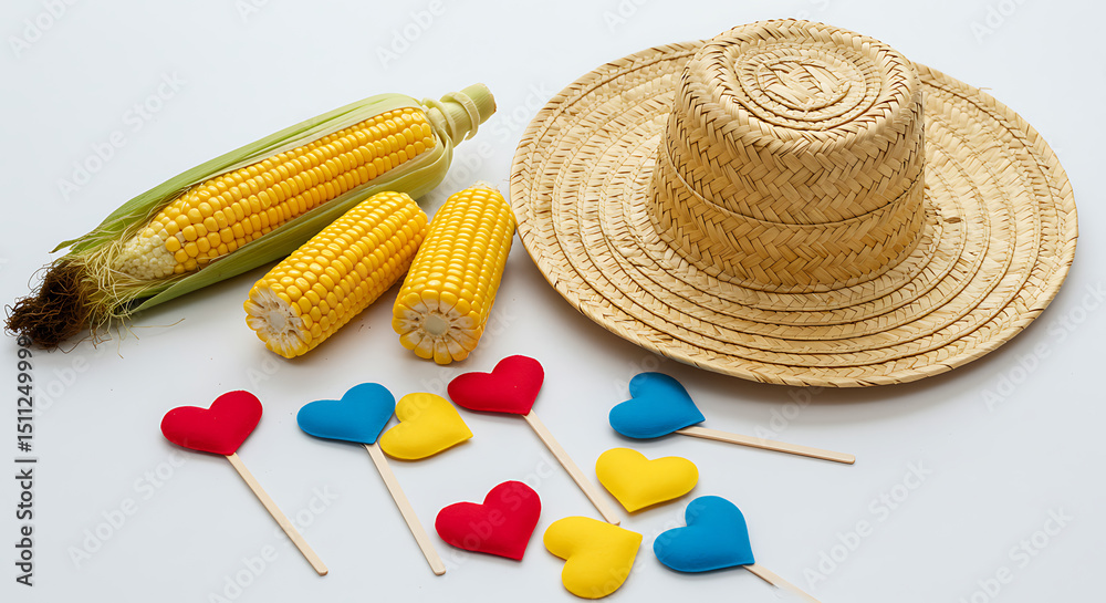 Flat lay of Festa Junina party props: straw hat, corn on the cob, and fabric hearts arranged neatly on white — playful and thematic elements