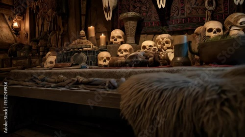 Eerie altar set with animal skulls, human skulls, burning candles, and ancient wooden artifacts arranged inside a dim tribal hut