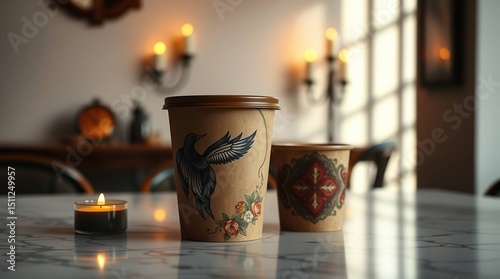 Two printed coffee cups on a marble table, lit by candlelight