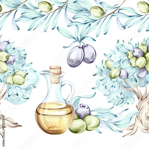Olives and olive oil in a seamless pattern with a beautiful frame capturing the essence of Italian cuisine and nature through watercolor illustrations