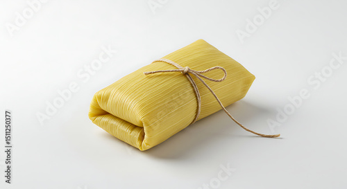 Single wrapped pamonha (Brazilian corn cake) tied with string, photographed on white background — typical festive food item