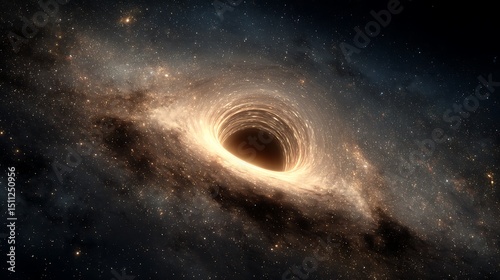 Swirling Black Hole Distorts Space Time With A Bright Ring Of Light Around Its Event Horizon Against A Galaxy Backdrop. Cosmic phenomenon, astrophysics, wallpaper background photo