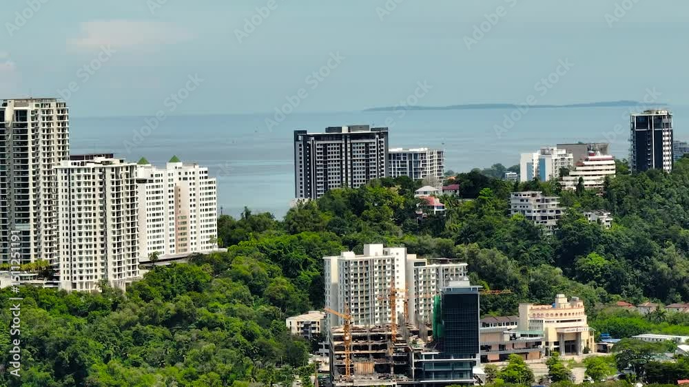 Aerial view of Kota Kinabalu city with modern buildings. Borneo,Sabah, Malaysia.