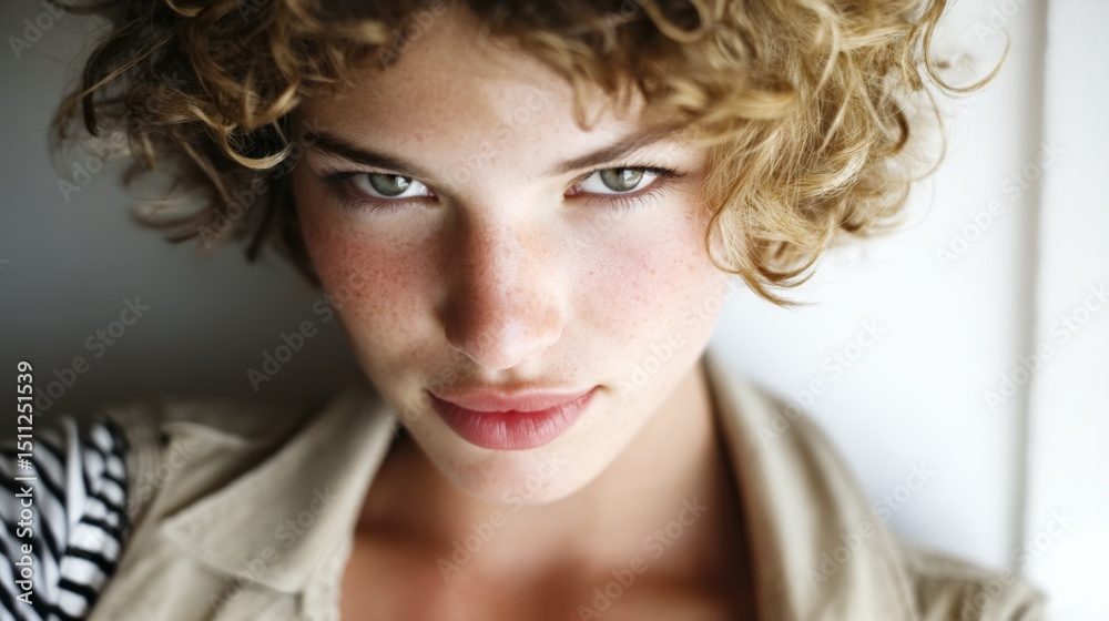 Naklejka premium Close-up portrait of a young woman with curly blonde hair and piercing blue eyes