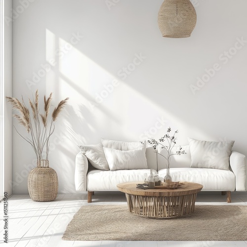 Minimalist, sun-drenched living room with natural textures