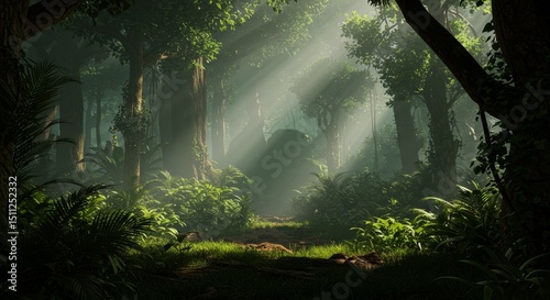 Illustration of Forest Trees Sunlight Nature Path in Green Landscape