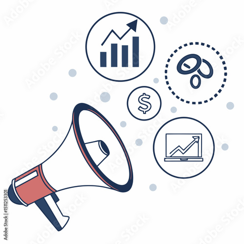 Illustration of a megaphone with business and financial icons around it