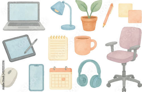 Watercolor office and remote work tool set ideal for educational content, planners, and productivity designs