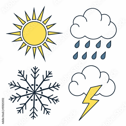Illustration of weather symbols including sun cloud rain snow and lightning