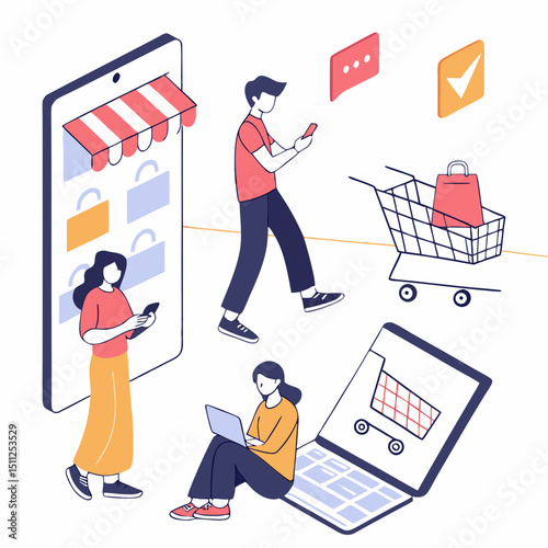 Isometric illustration of people shopping online using various devices