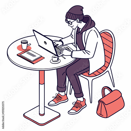 Person working on laptop at round table with coffee and bag nearby