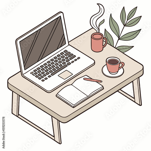 Isometric view of laptop notebook coffee and plant on a small table top
