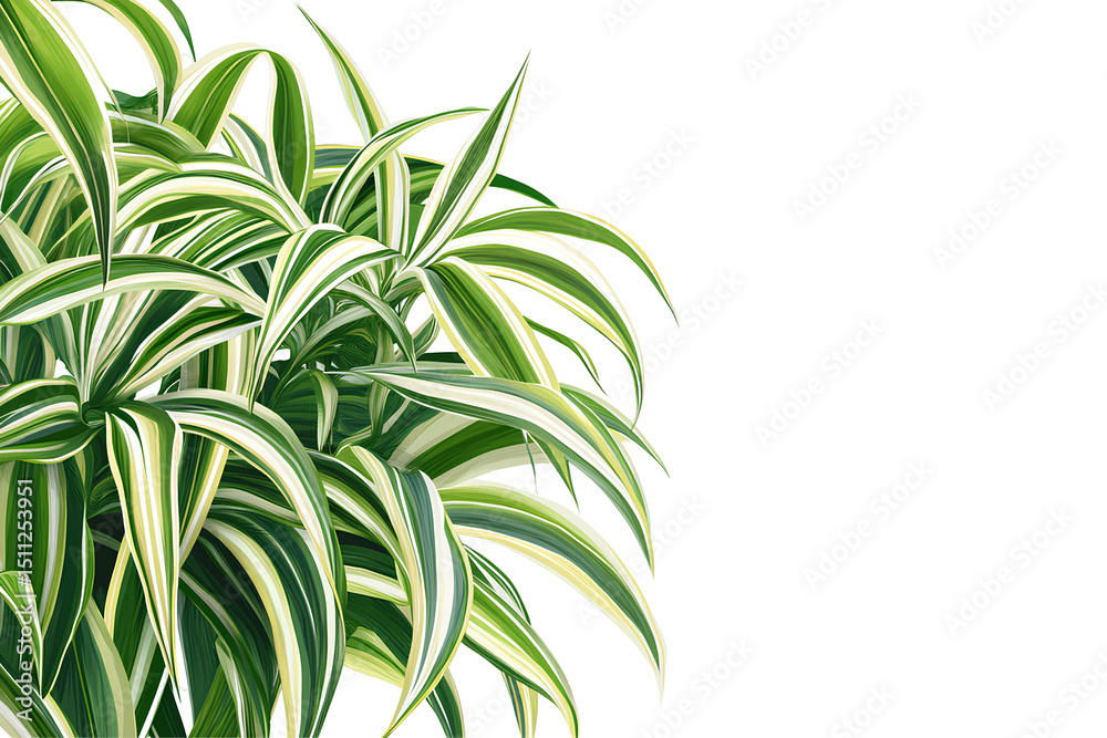 Fototapeta premium illustration of a spider plant with arching green and white striped leaves on transparent background