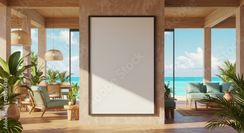 Realistic Interior Mockup with Poster Frame Beach View House