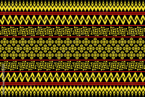 Seamless traditional Thai textile pattern with floral and geometric motifs in yellow, red, and black. Inspired by classical Thai art and cultural fabric designs. Suitable for backgrounds, packaging