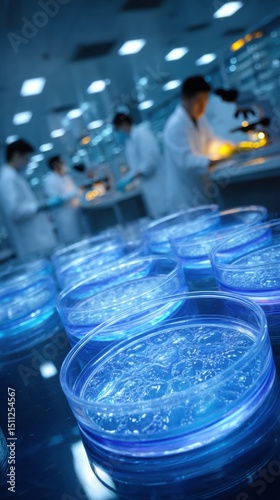 Petri dishes with blue gel in a laboratory setting, scientists working in the background