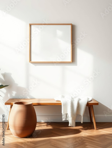 Mockup poster frame on a white wall with a wooden bench, creating a minimalist and modern interior design scene