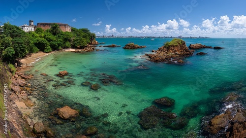 Wallpaper Mural Panoramic view of turquoise sea and lush greenery with two rocky islands in Salvador, Brazil. Serene tropical landscape of hidden coves on Olheiro Island, perfect for adventure and nature exploration. Torontodigital.ca