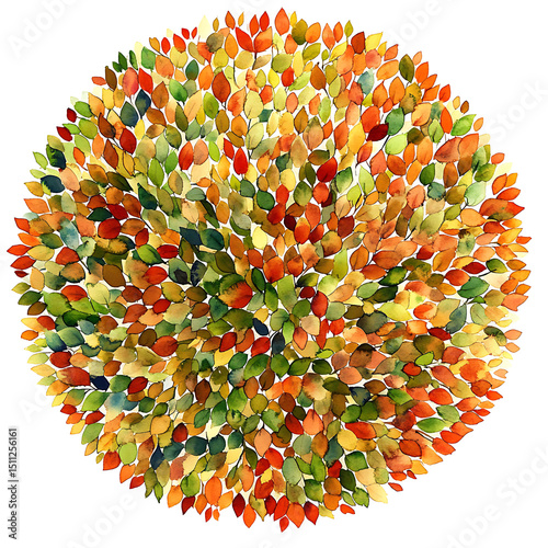 Watercolor Artistic Rendering of a Circular Composition Featuring a Multitude of Autumnal Colored Leaves on White Background