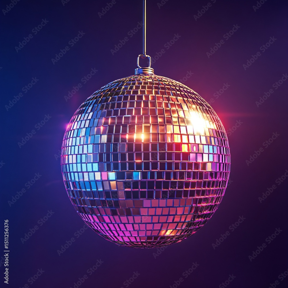 Obraz premium Shiny disco ball reflecting vibrant pink and blue light. Retro party dance club element for fun celebration.