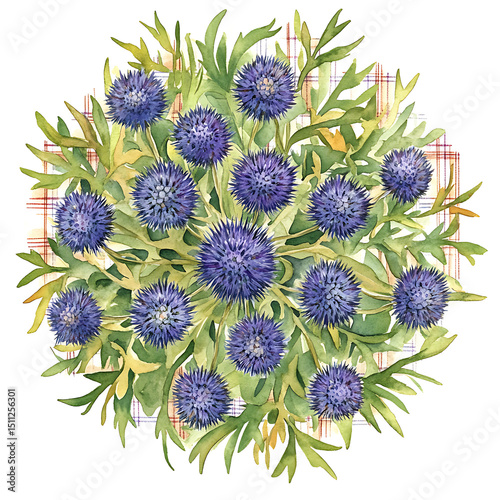 Watercolor Illustration Of Thistle Flowers Arranged In Circular Pattern Over Checkered Background